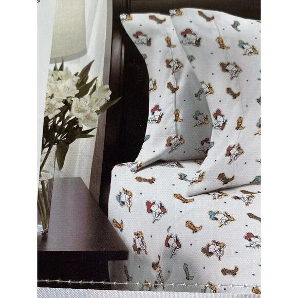 3 Pc PEANUTS Snoopy Cowboy TWIN Sheet Set By Berkshire Super Soft White NEW - Picture 6 of 13